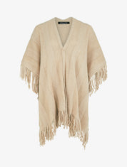 Poncho mi-long uni à franges - Beige - 1