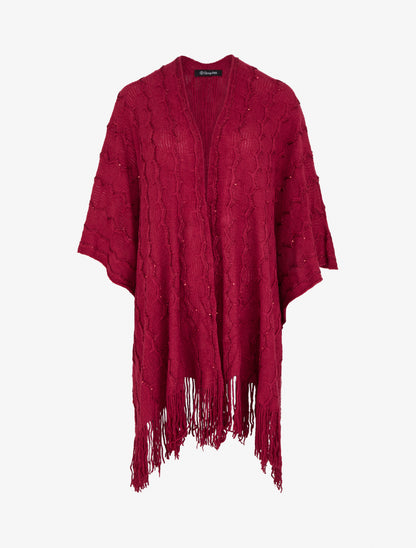 Poncho mi-long uni à franges et sequins - Lie de vin - 1