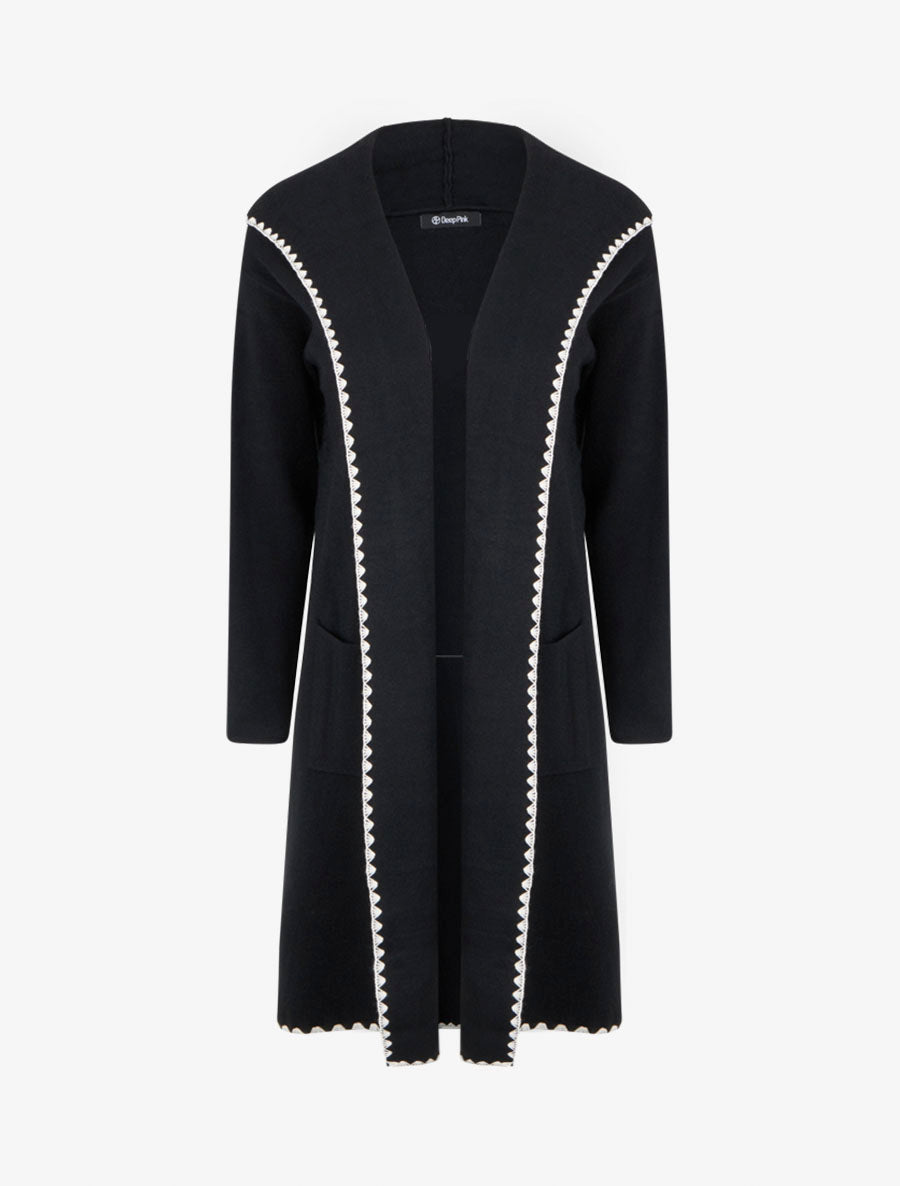 Gilet long à capuche et liseré brodé - Noir