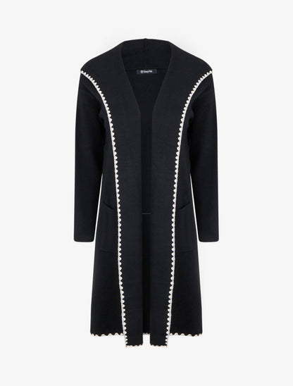 Gilet long à capuche et liseré brodé - Noir