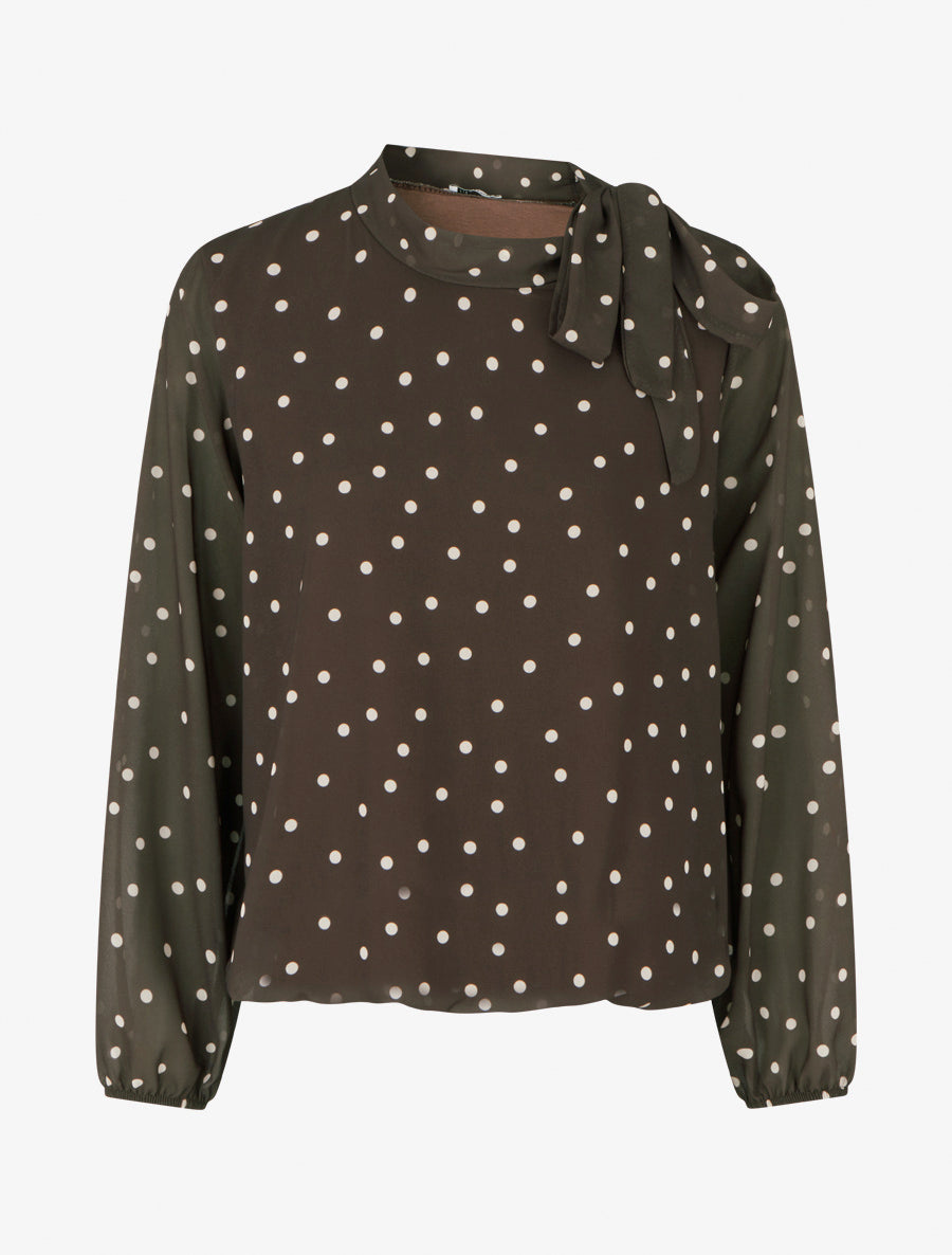 Top à pois et col lavallière - Marron - 1