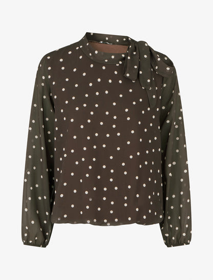 Top à pois et col lavallière - Marron - 1
