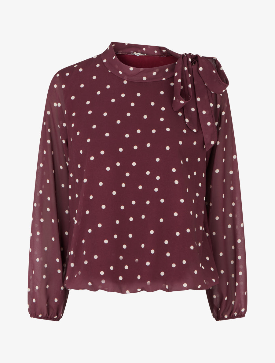 Top à pois et col lavallière - Prune - 1