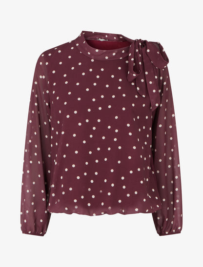 Top à pois et col lavallière - Prune - 1