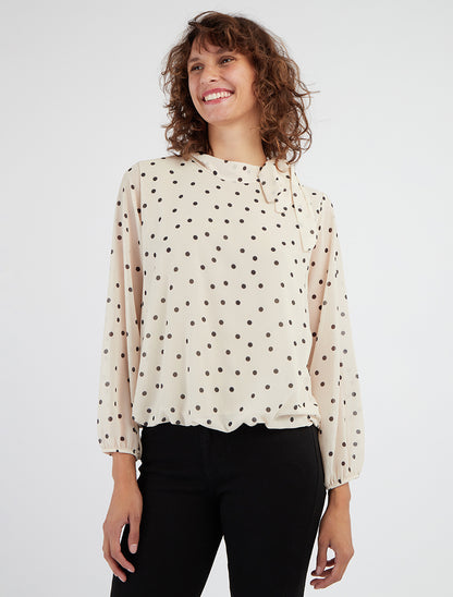 Top fluide à pois col lavallière - Beige