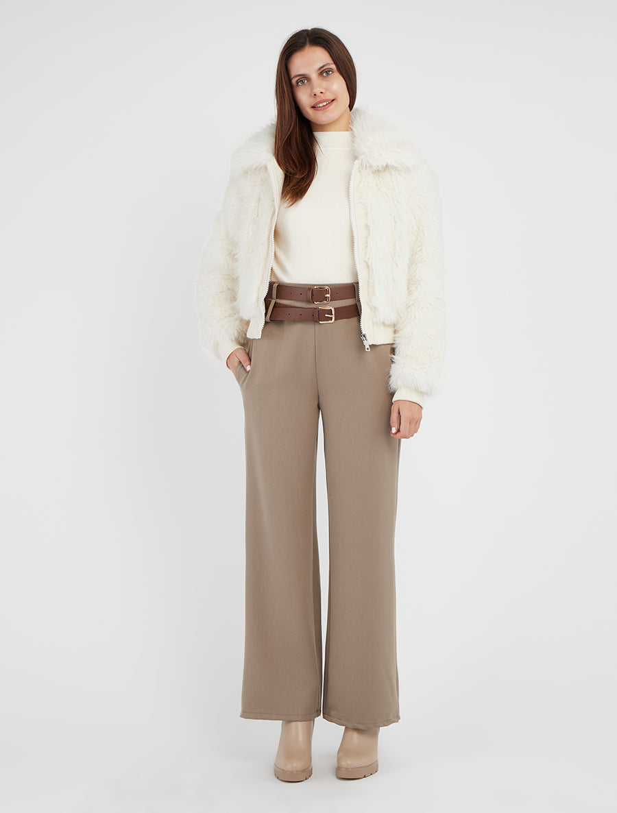 Blouson col claudine fourrure synthétique - Blanc