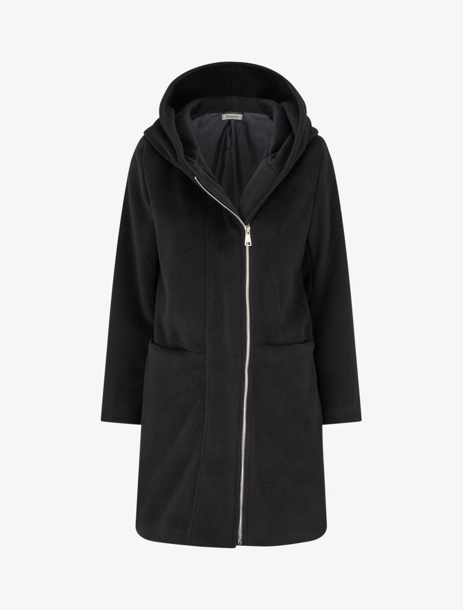 Manteau long à capuche coupe droite - Noir - 1