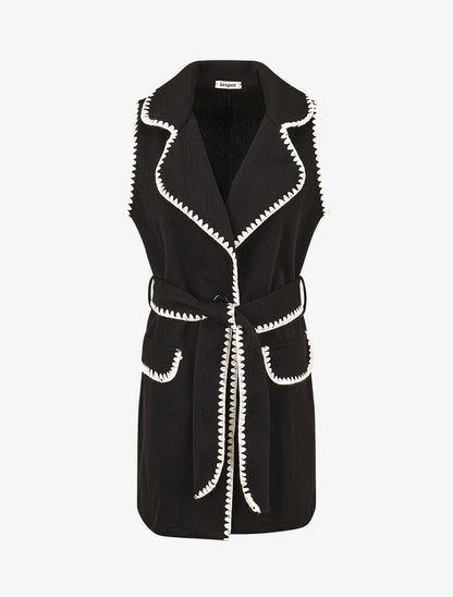 Gilet long sans manches à détail brodé - Noir - 1