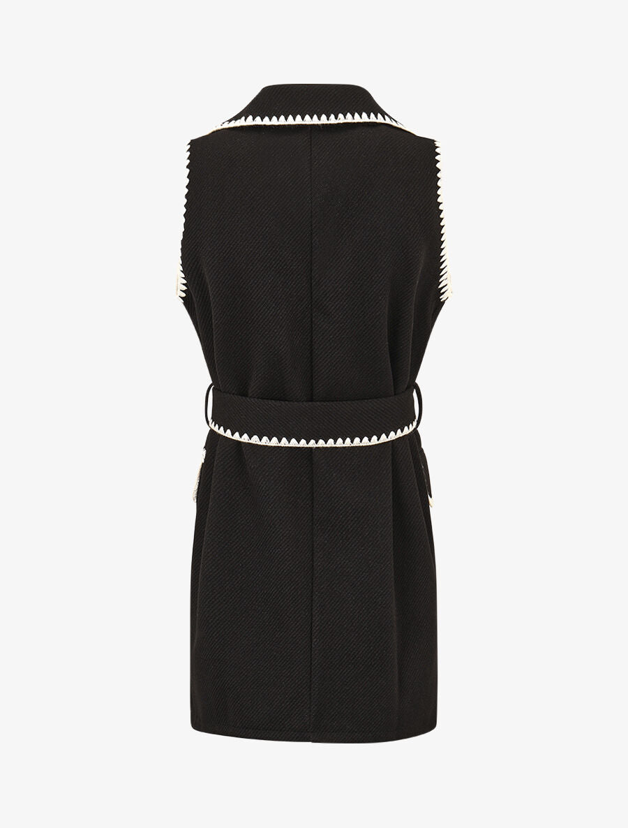 Gilet long sans manches à détail brodé - Noir - 2