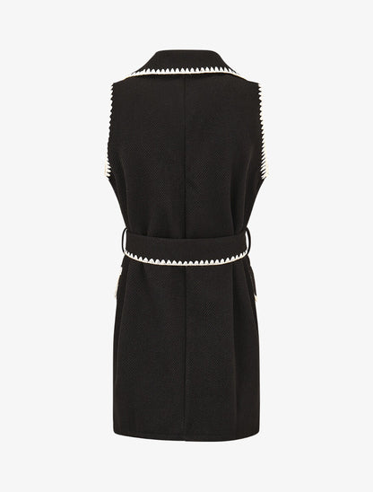 Gilet long sans manches à détail brodé - Noir - 2