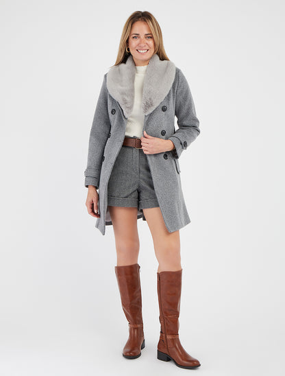 Manteau droit ceinturé col amovible - Gris