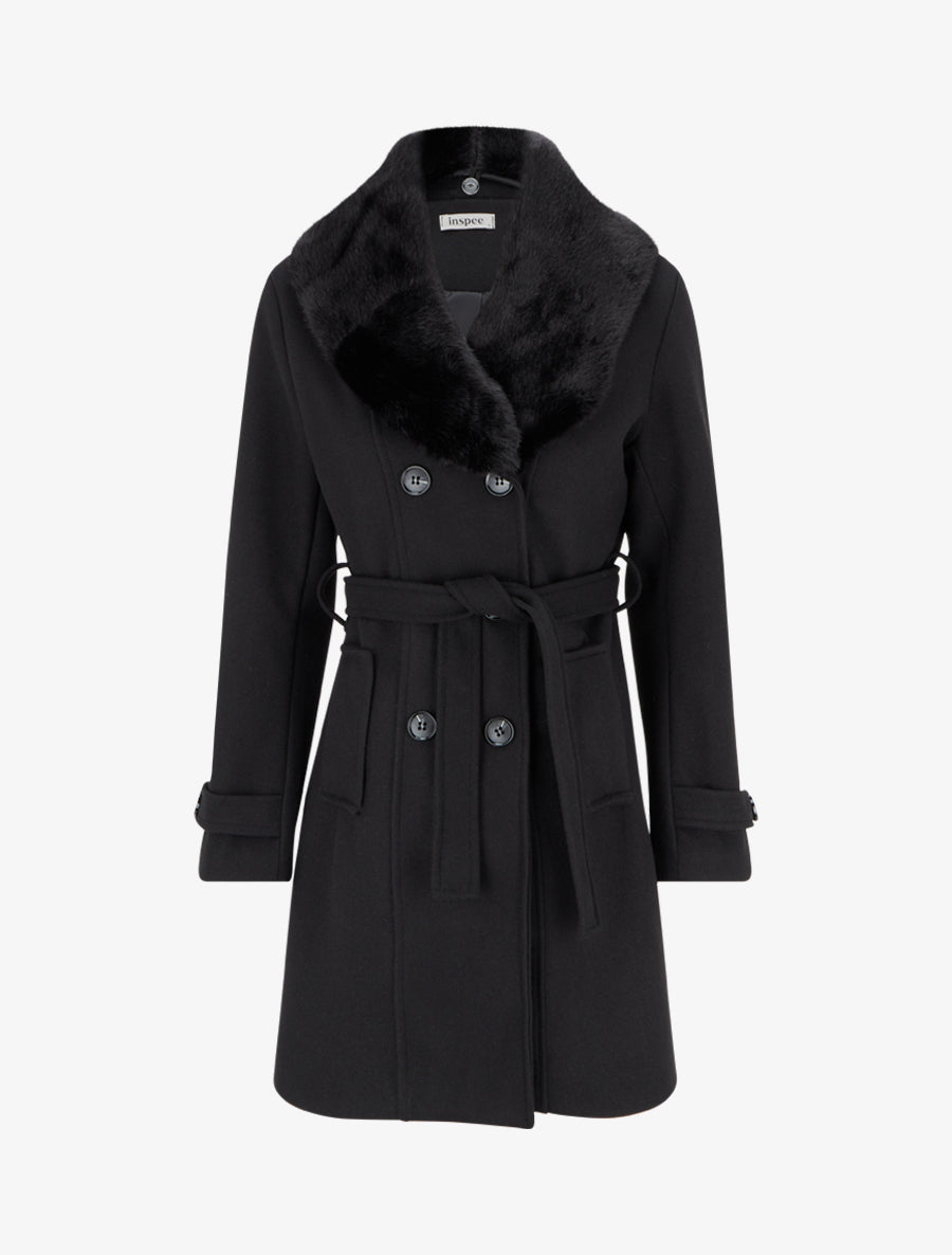 Manteau à col en fourrure synthétique amovible - Noir - 1