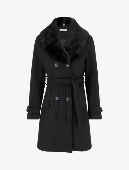 Manteau à col en fourrure synthétique amovible - Noir - 1