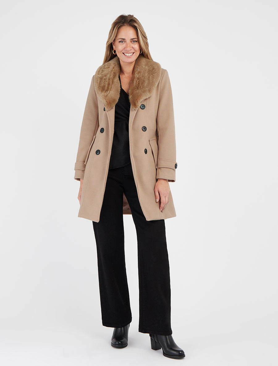 Manteau droit ceinturé à col amovible - Camel clair