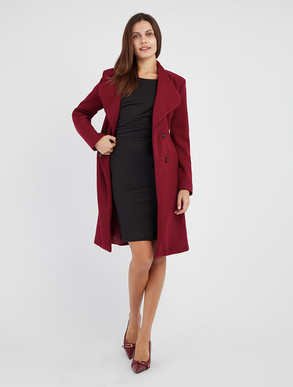 Manteau long ceinturé à épaulettes - Lie de vin