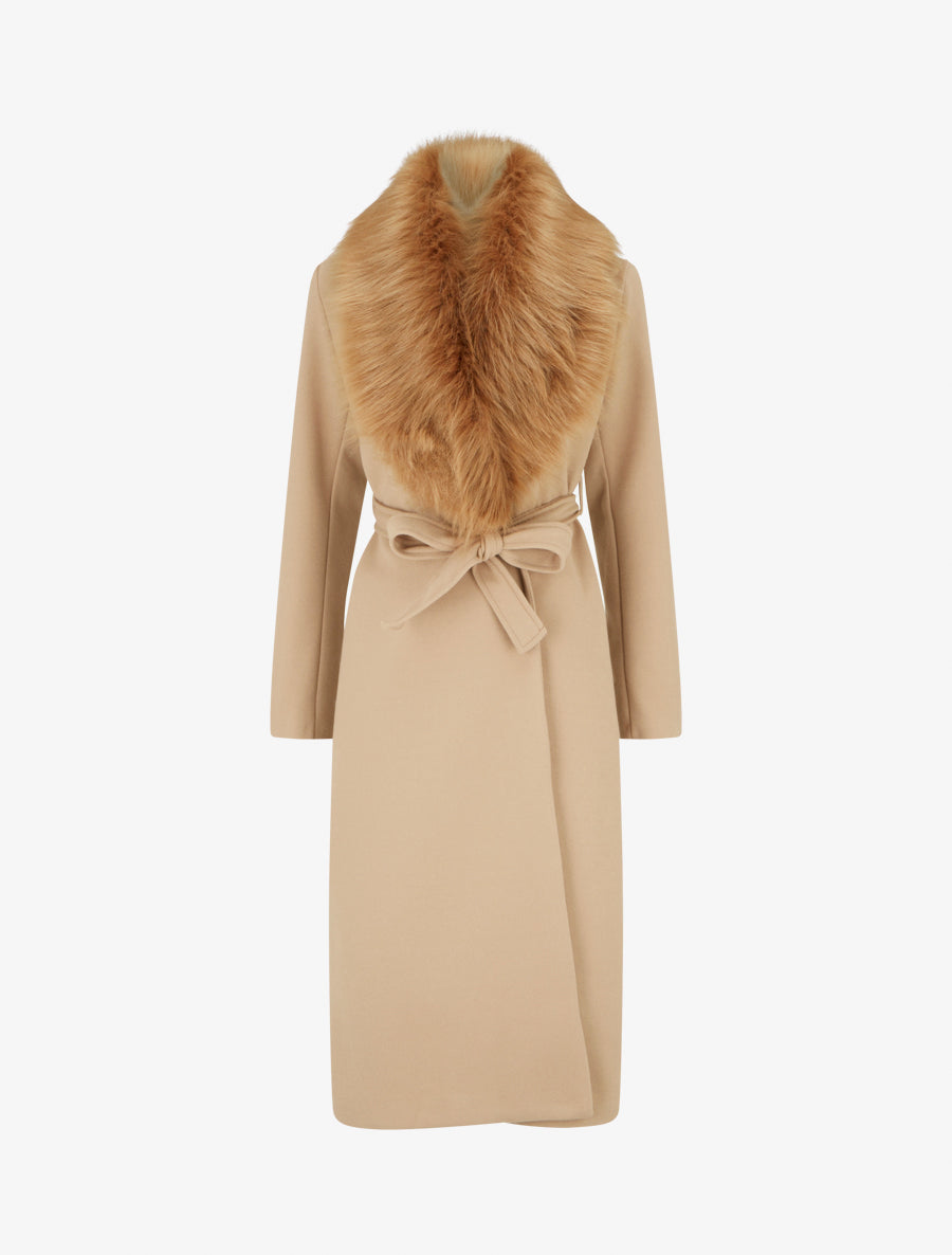 Manteau long à col en fourrure synthétique - Camel clair - 1