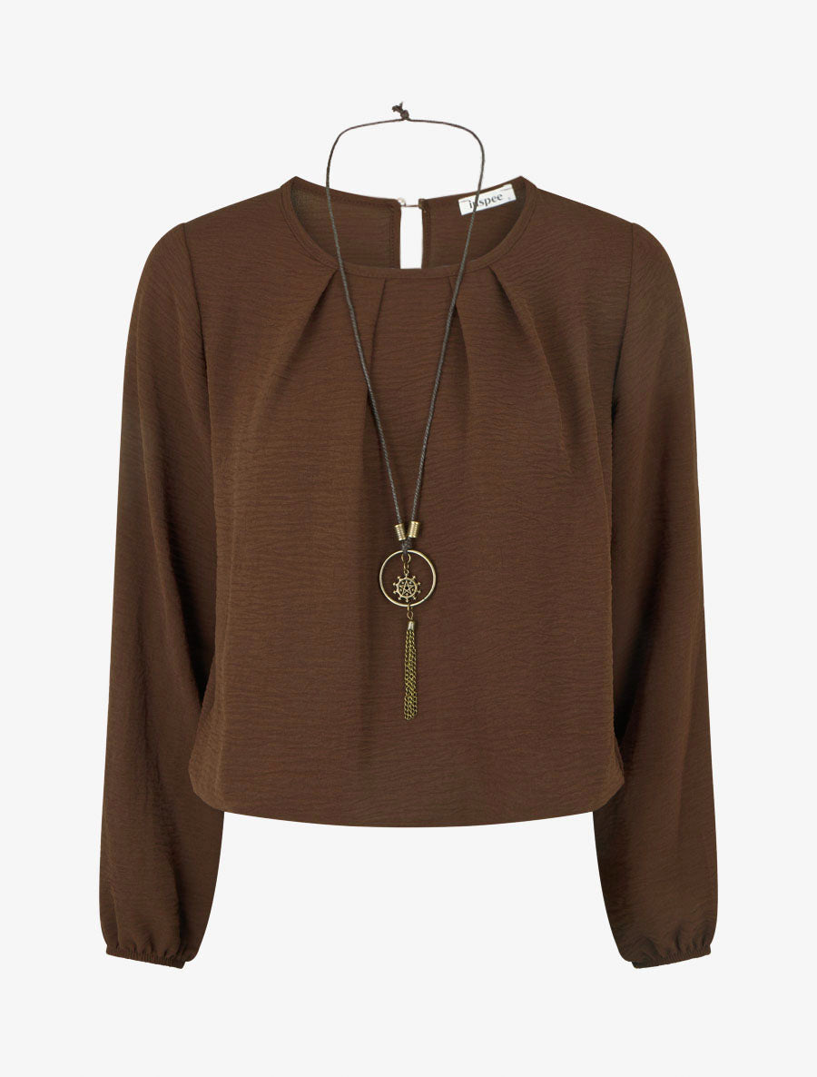 Blouse fluide col rond poignets élastiqués - Marron