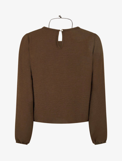 Blouse fluide col rond poignets élastiqués - Marron