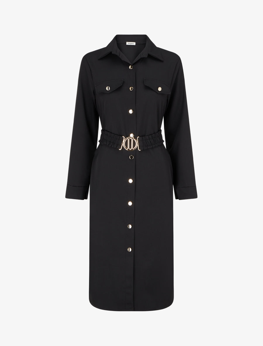 Robe chemise longue à poches décoratives - Noir - 1