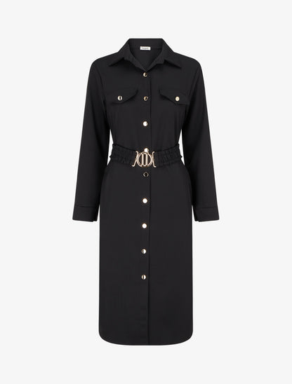 Robe chemise longue à poches décoratives - Noir - 1