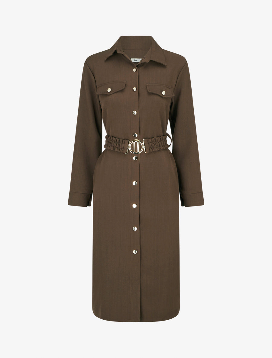 Robe chemise longue à poches décoratives - Marron - 1