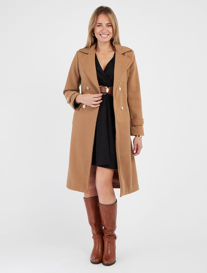 Manteau long texturé à ceinture - Camel