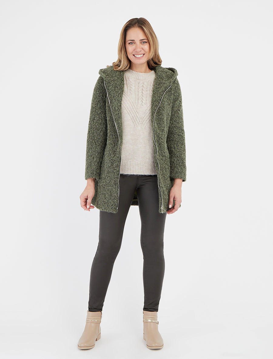 Manteau duveteux long à épaulettes - Kaki