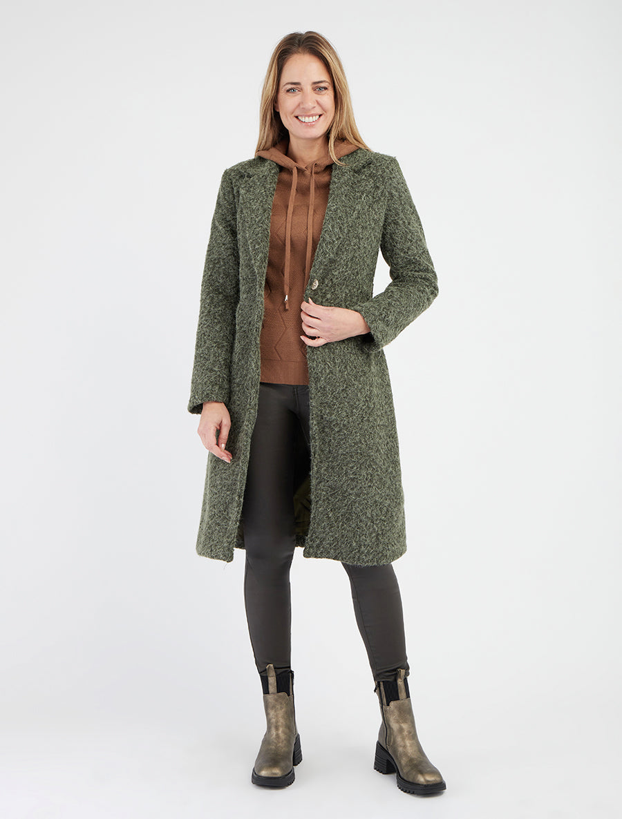 Manteau duveteux ceinturé à col cranté - Kaki