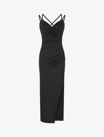 Robe longue ajustée à fente et bretelles - Noir - 1