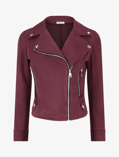 Veste suédine col cranté et poches zippées - Prune