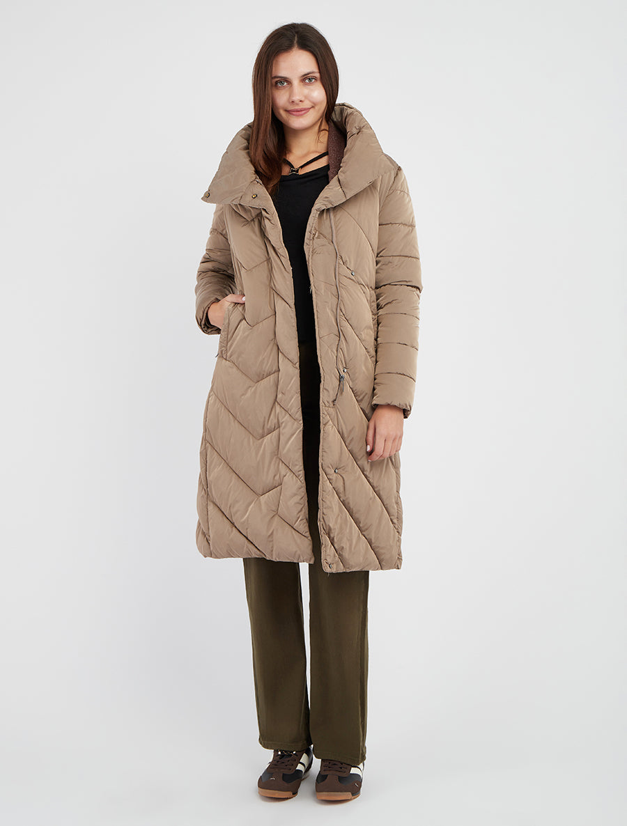 Doudoune longue avec ceinture - Taupe