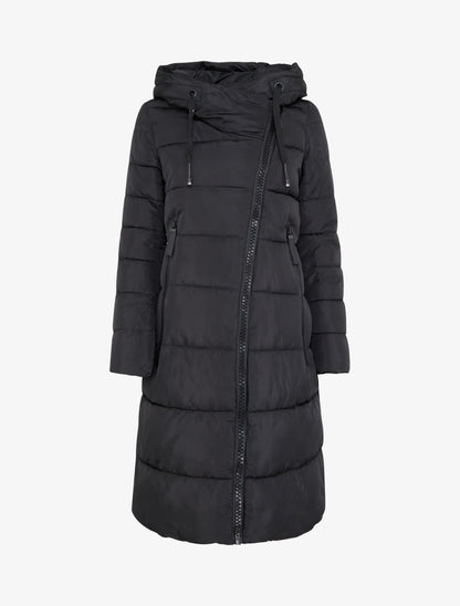Doudoune longue à capuche et zip en biais - Noir - 1
