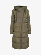 Doudoune longue à capuche et zip en biais - Kaki - 1