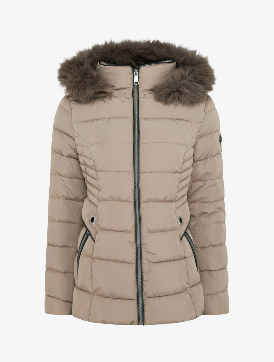 Doudoune droite à capuche en fourrure synthétique - Taupe - 1