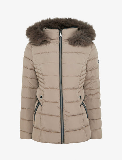 Doudoune droite à capuche en fourrure synthétique - Taupe - 1