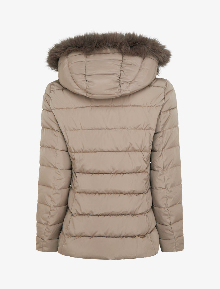 Doudoune droite à capuche en fourrure synthétique - Taupe - 2