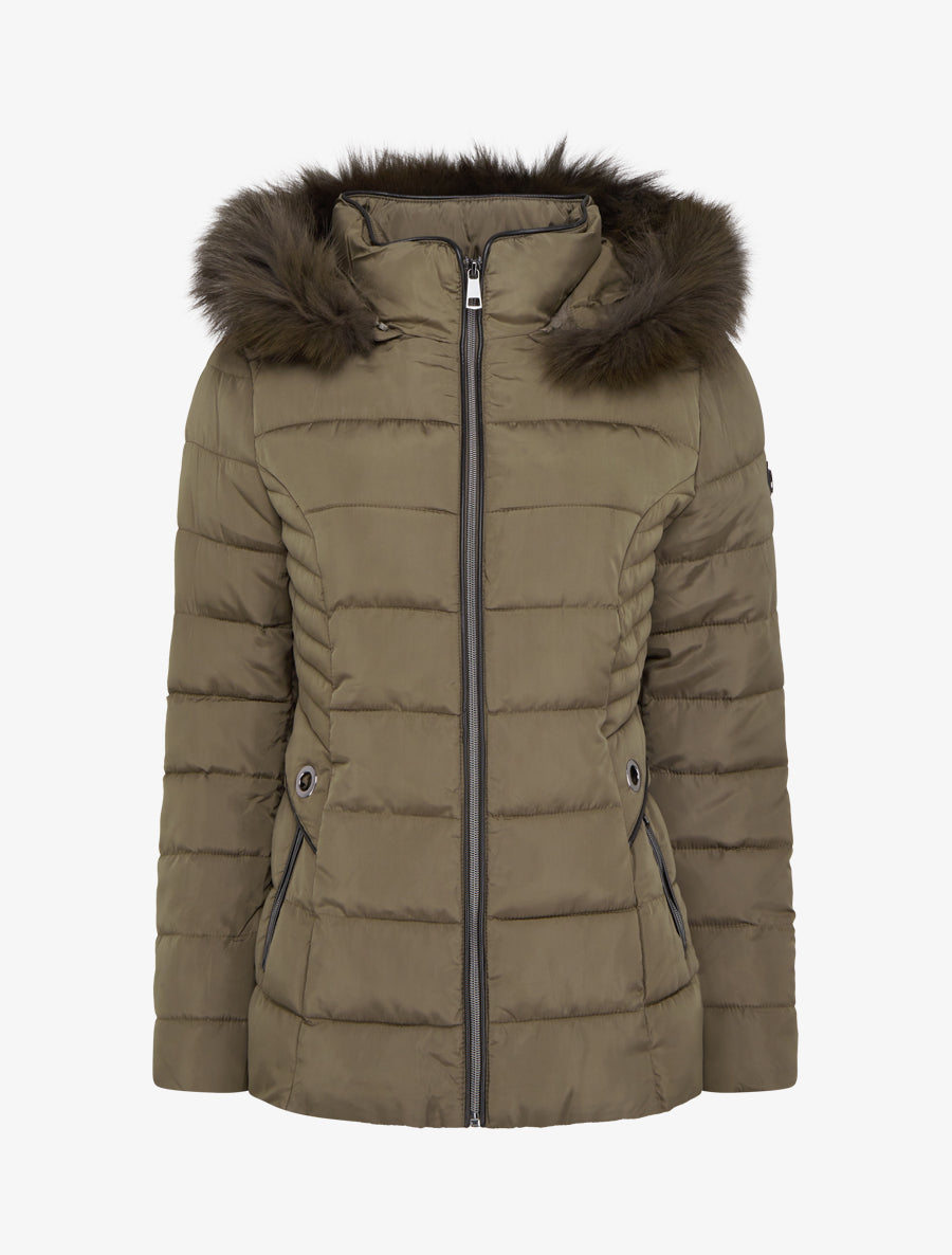 Doudoune droite à capuche en fourrure synthétique - Kaki - 1