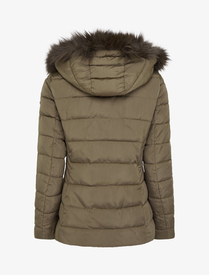 Doudoune droite à capuche en fourrure synthétique - Kaki - 2