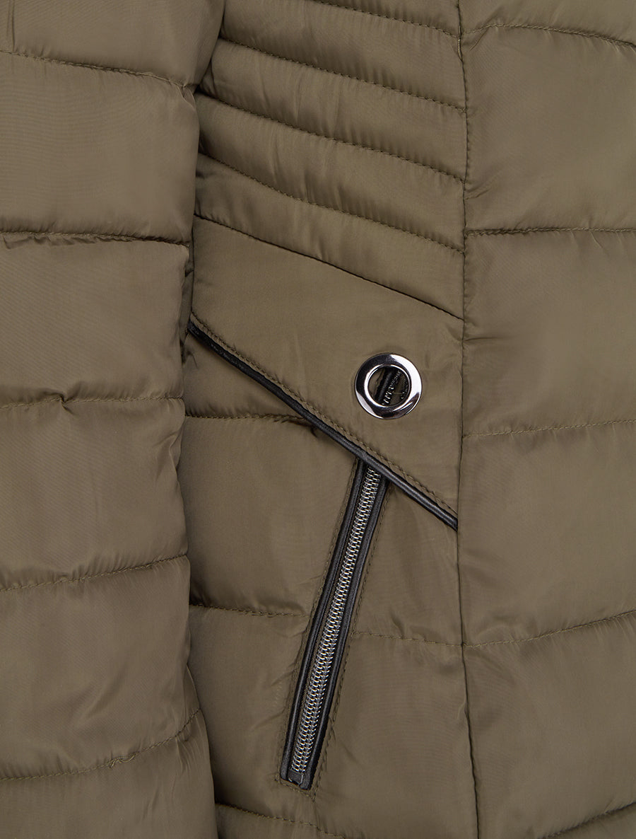Doudoune droite à capuche en fourrure synthétique - Kaki - 3