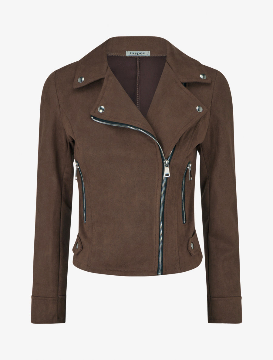 Veste droite en suédine col cranté - Marron