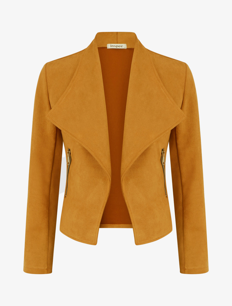 Veste suédine col rabat zippée - jaune moutarde