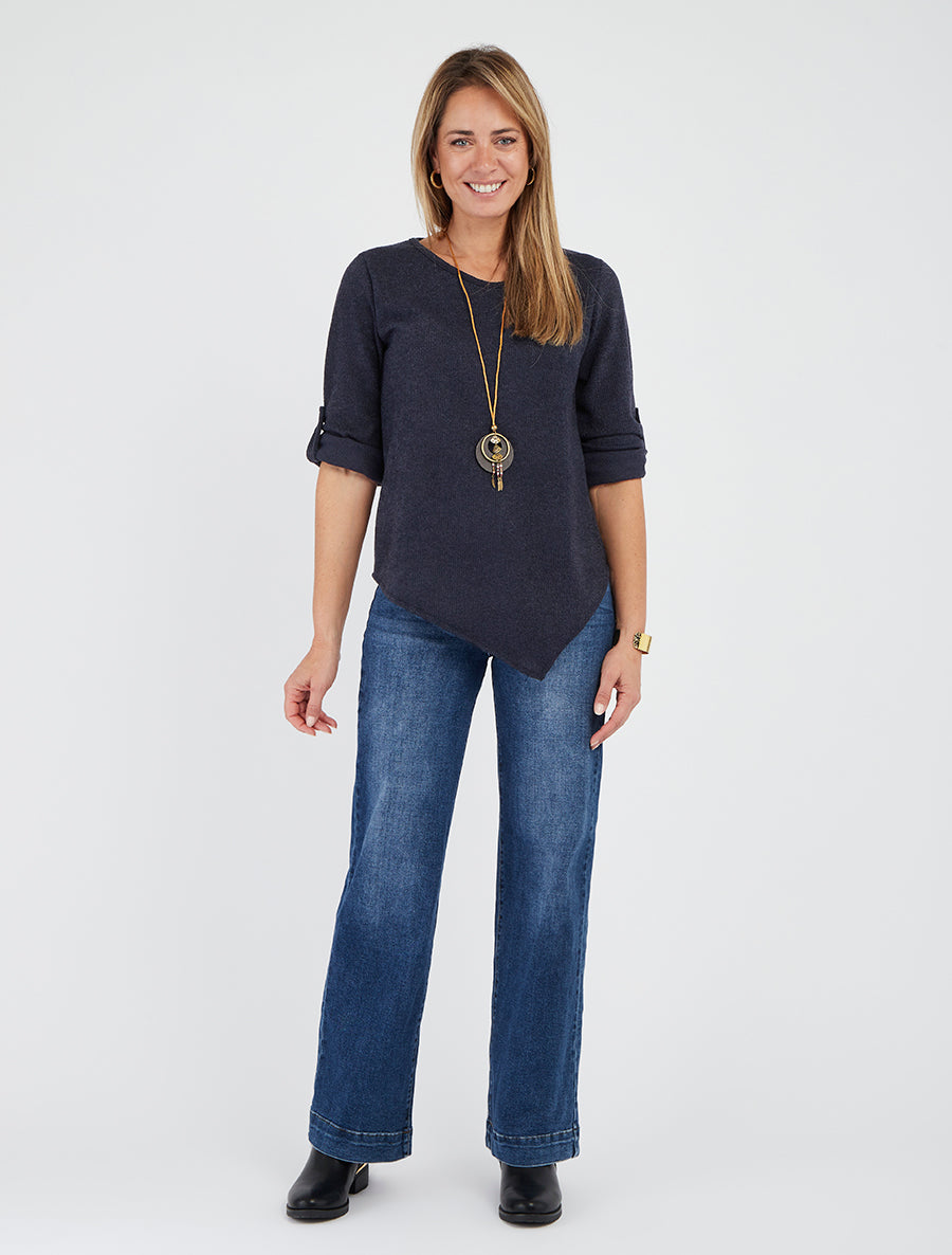 Pull asymétrique col rond manches retroussables - Marine