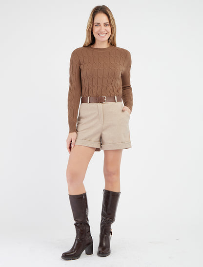 Short à revers ceinturé - Beige