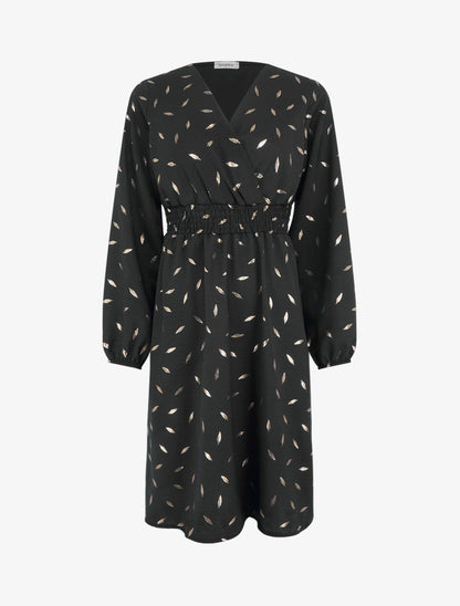 Robe évasée à imprimé plumes dorées - Noir - 1