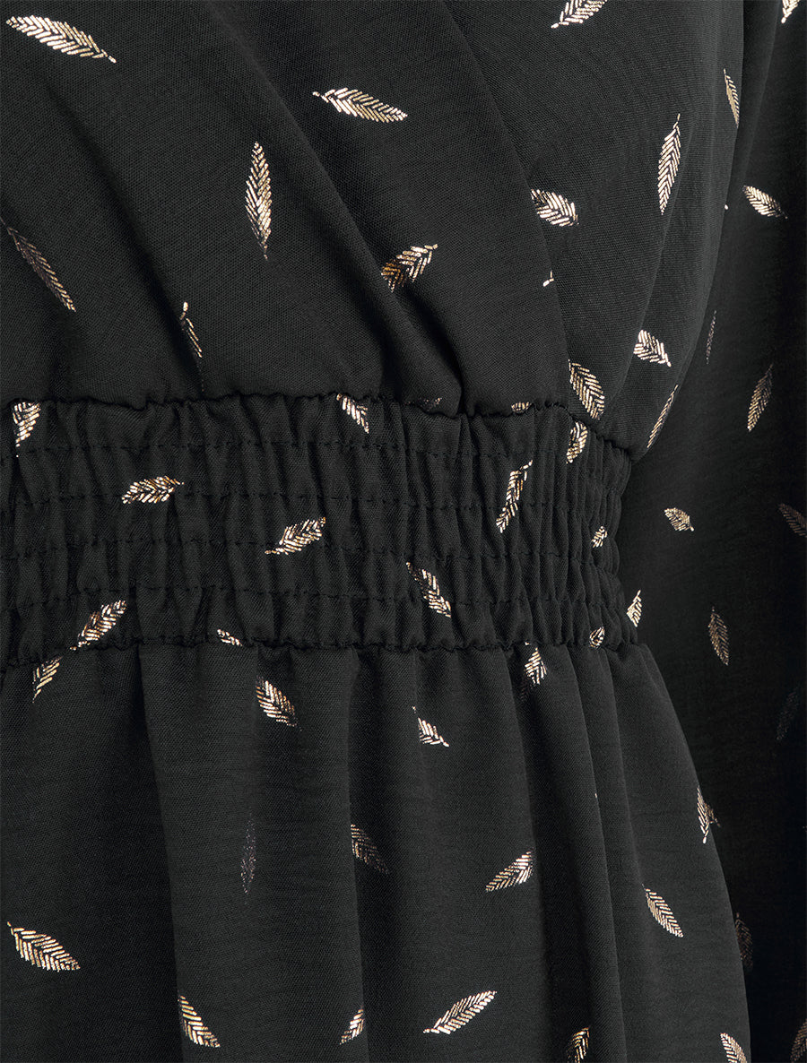 Robe évasée à imprimé plumes dorées - Noir - 3