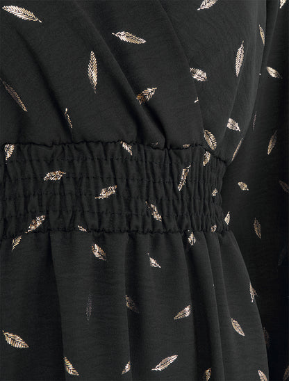 Robe évasée à imprimé plumes dorées - Noir - 3