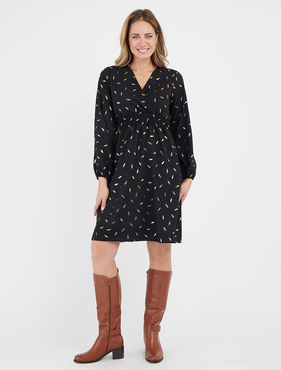 Robe fluide cache-cœur plumes dorées - Noir