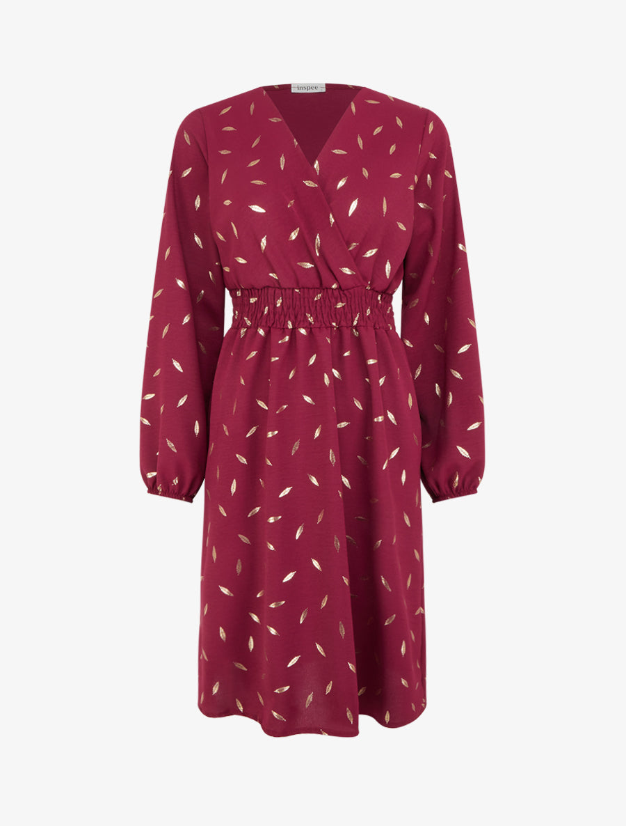 Robe évasée à imprimé plumes dorées - Lie de vin - 1