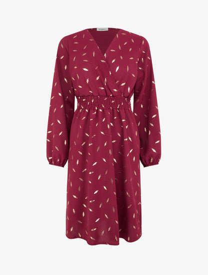 Robe évasée à imprimé plumes dorées - Lie de vin - 1