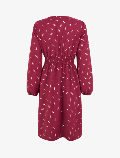 Robe évasée à imprimé plumes dorées - Lie de vin - 2